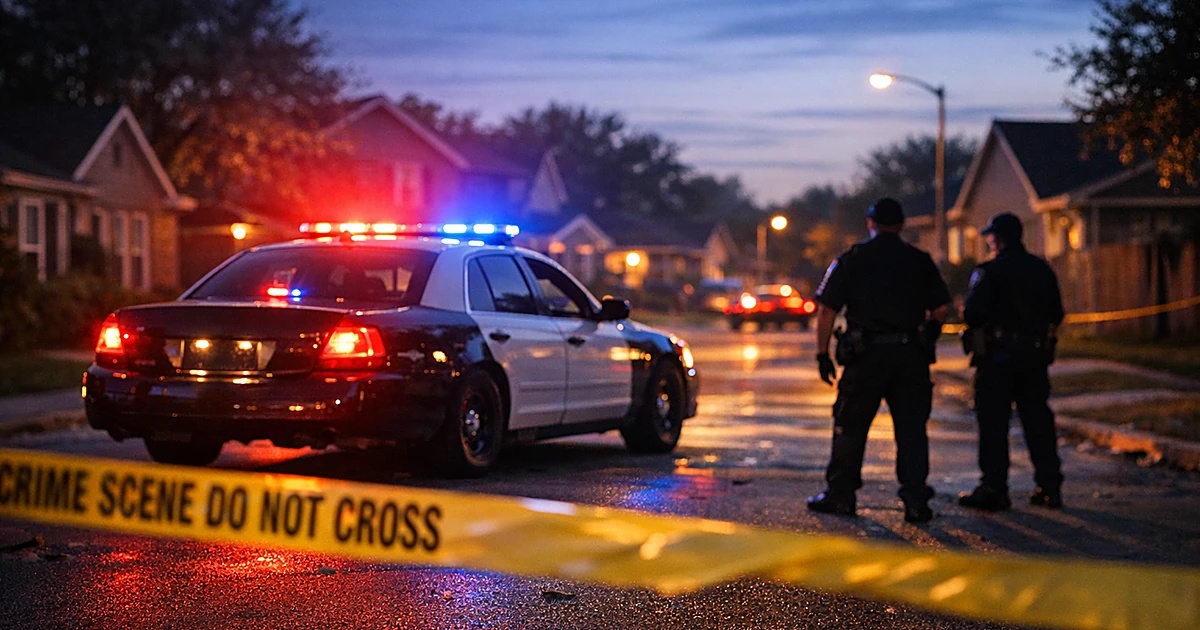 Police car with flashing lights on suburban residential street at dusk with crime scene tape in foreground
