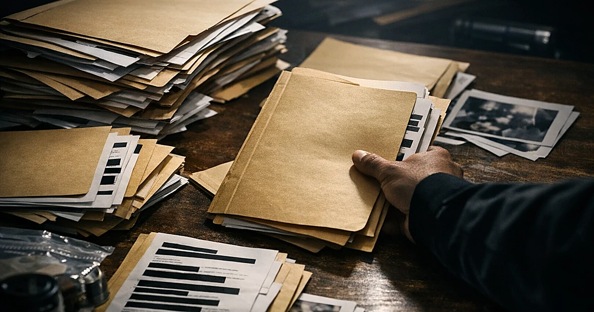 Evidence folders with redacted documents on table as silhouetted hand pulls case file toward camera