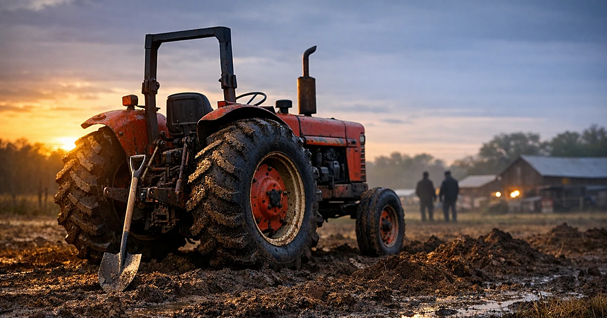 Red farm tractor with muddy wheels sits in a field at dusk with excavation equipment nearby