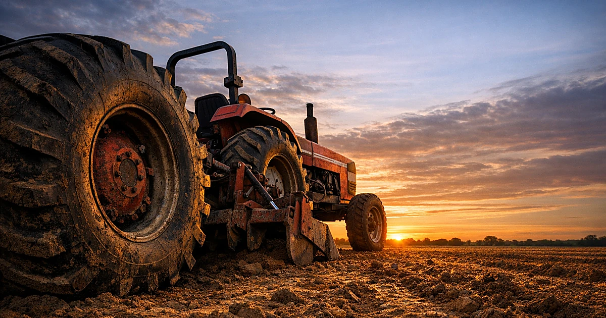 Red farm tractor in empty field at dusk with dramatic sky and long shadows across turned soil