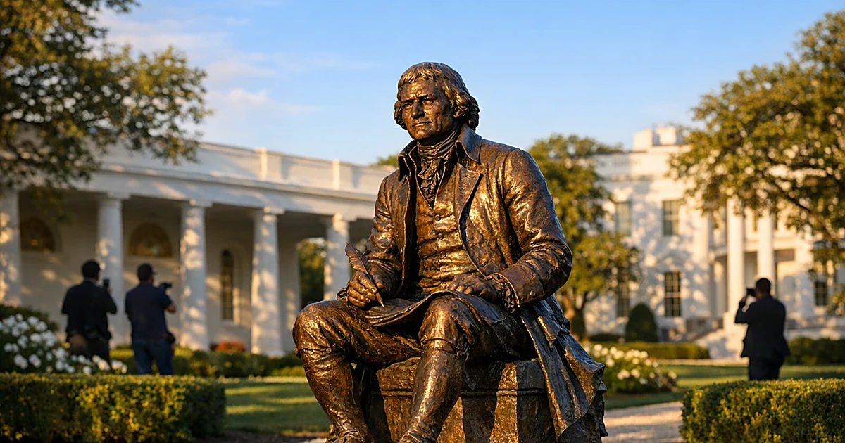 Bronze sculpture of seated figure in formal garden with classical architecture in background