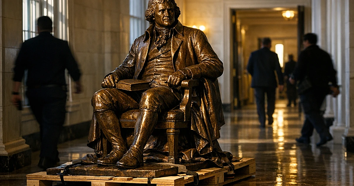 Bronze statue on shipping pallet in White House corridor with silhouetted staff in background