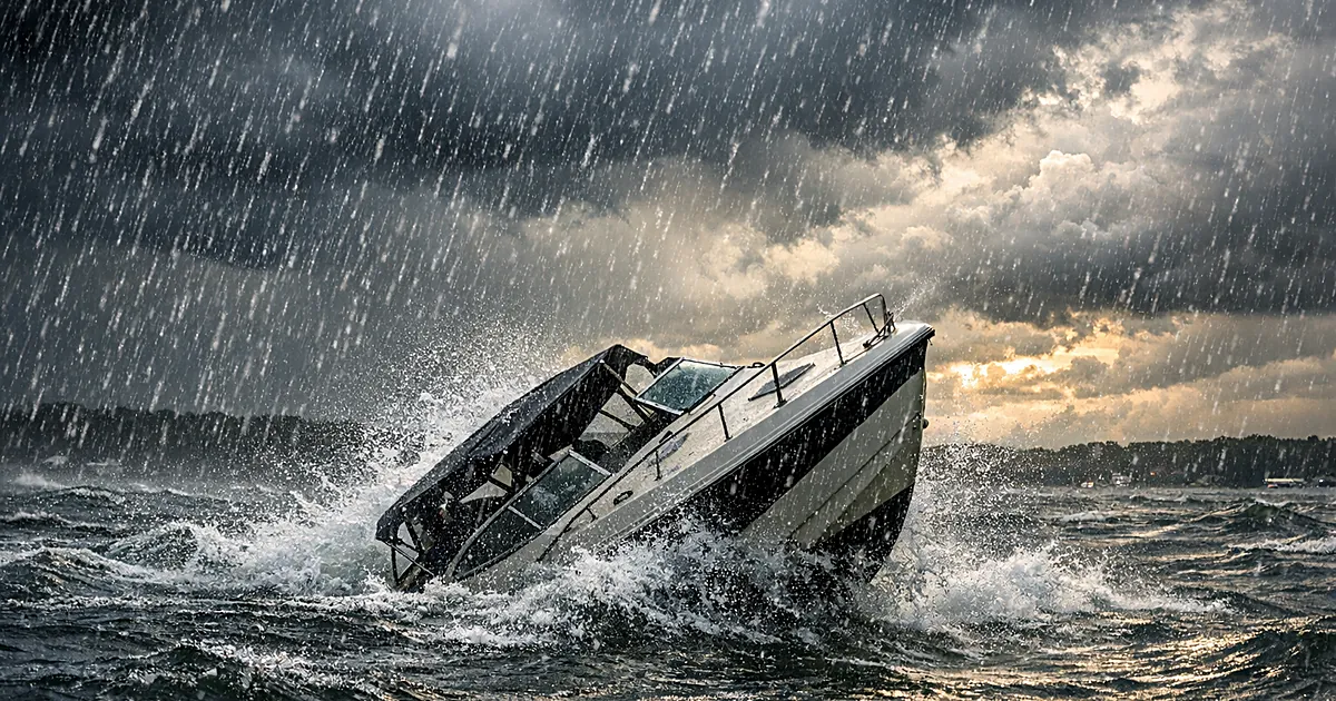 Small boat capsizing in rough storm waters on a lake with dark clouds and heavy rain