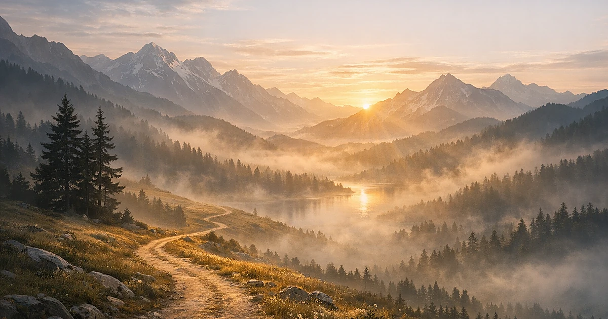 Peaceful mountain landscape with misty valleys and a winding path leading toward distant peaks at sunrise