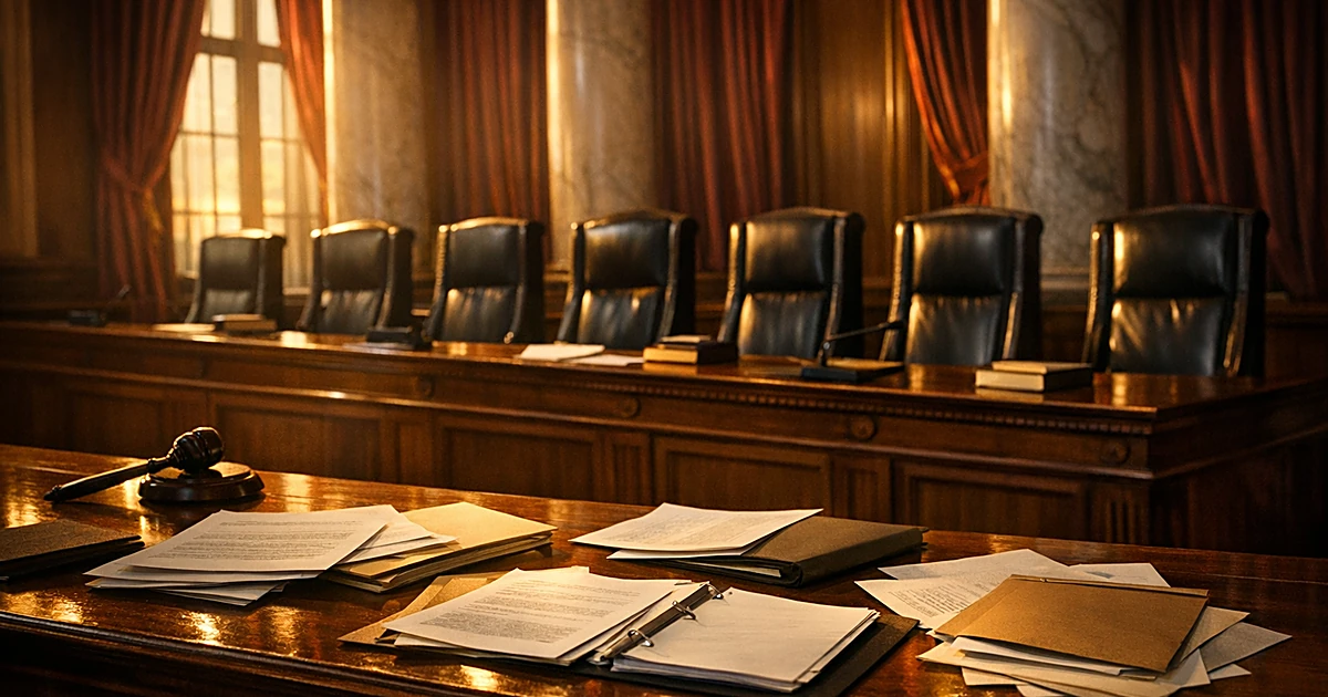 Empty Supreme Court chamber with nine chairs behind bench, documents scattered, dramatic window light at dusk