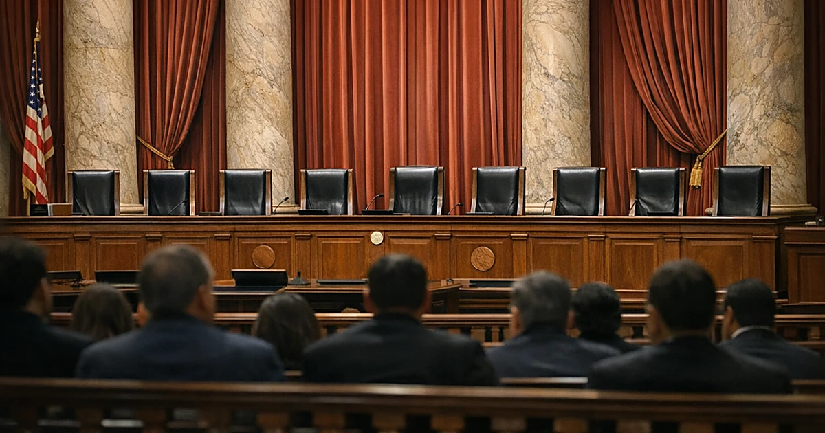 Interior view of Supreme Court chamber showing empty judicial bench with nine chairs and marble columns