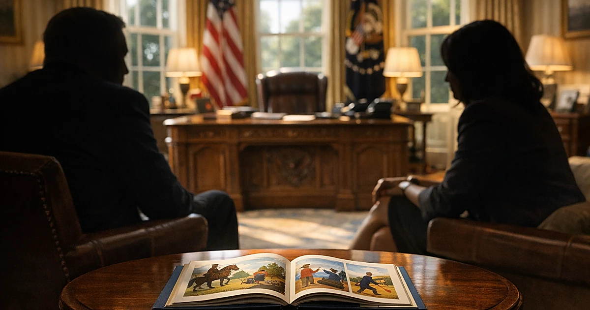 Oval Office interior with silhouetted figures seated across from each other with open children's book on table