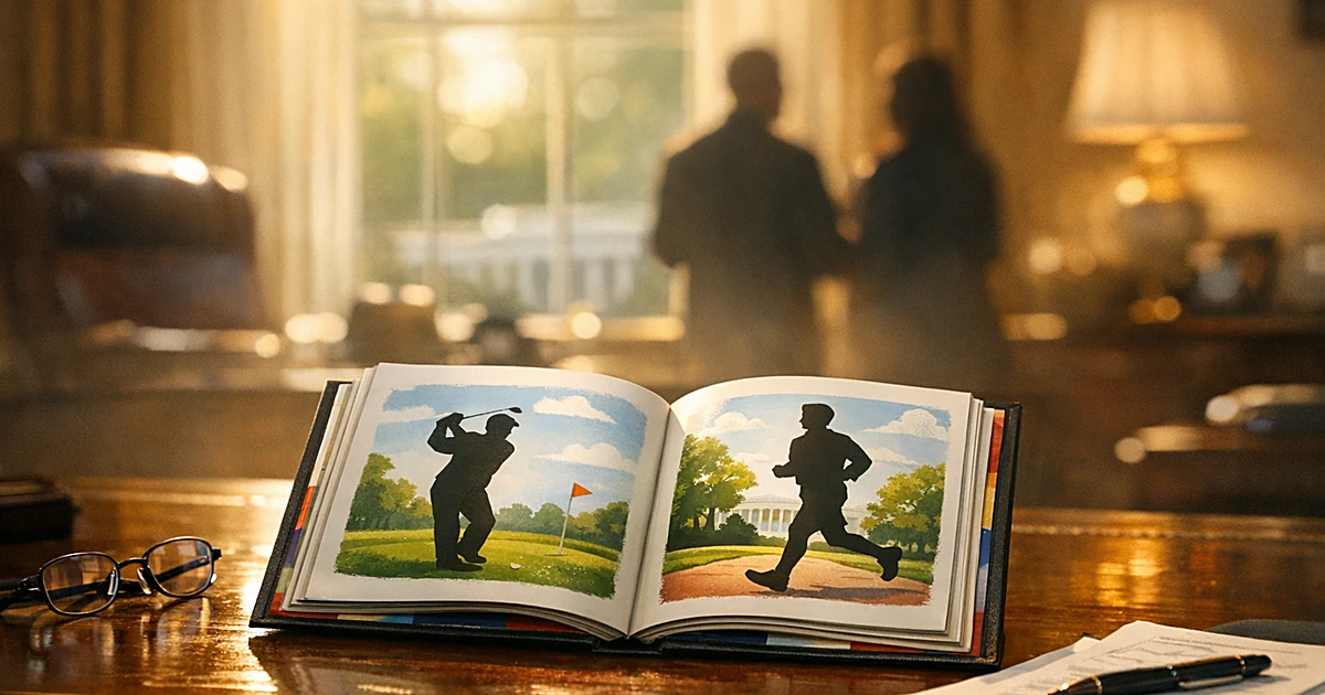 Open children's book on wooden desk in sunlit office with hand reaching to turn page