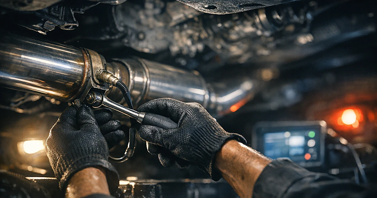 Mechanic's hands working on vehicle emissions system components in automotive repair garage