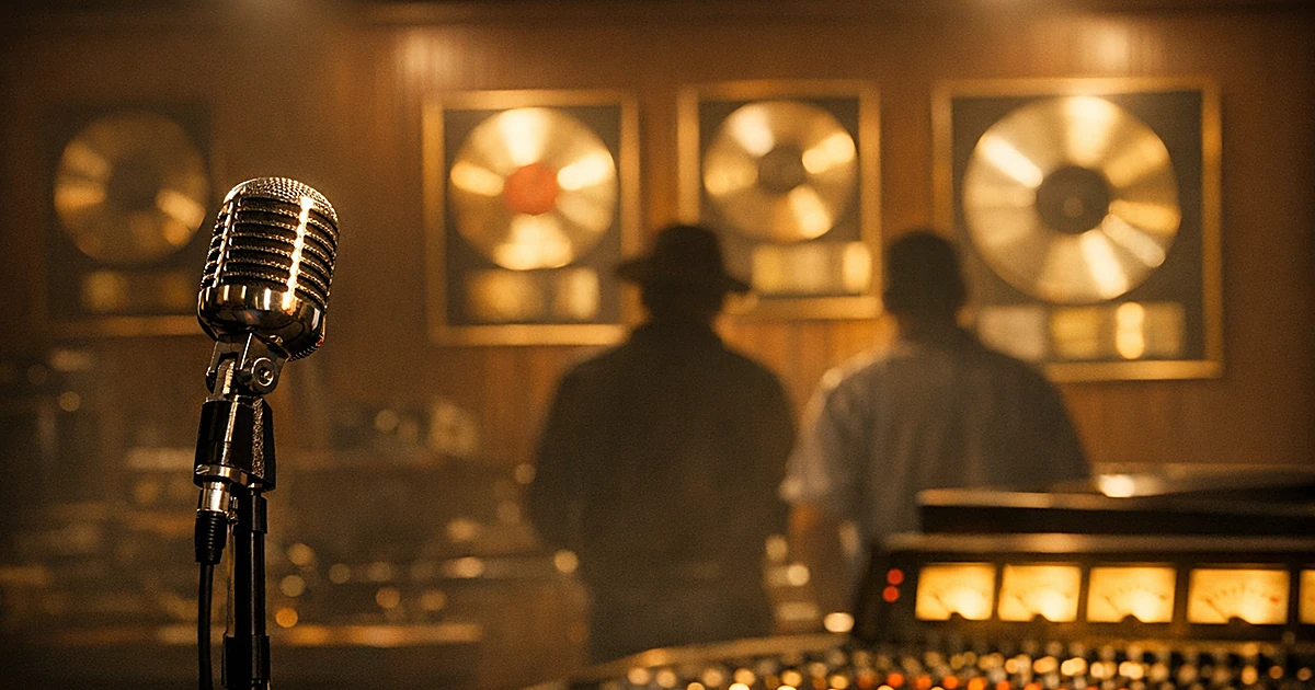 Vintage recording studio with classic microphone and gold records on wood-paneled wall in warm lighting