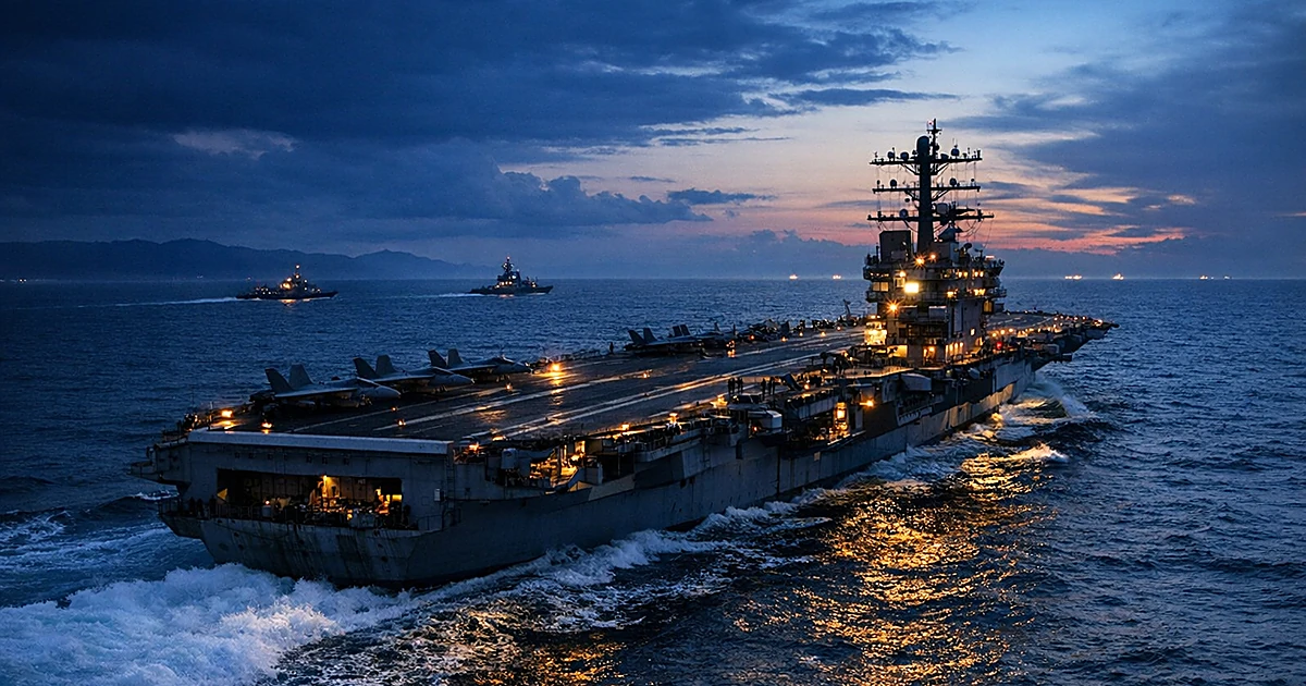 U.S. aircraft carrier sailing through ocean waters at dusk with operational deck lights illuminated