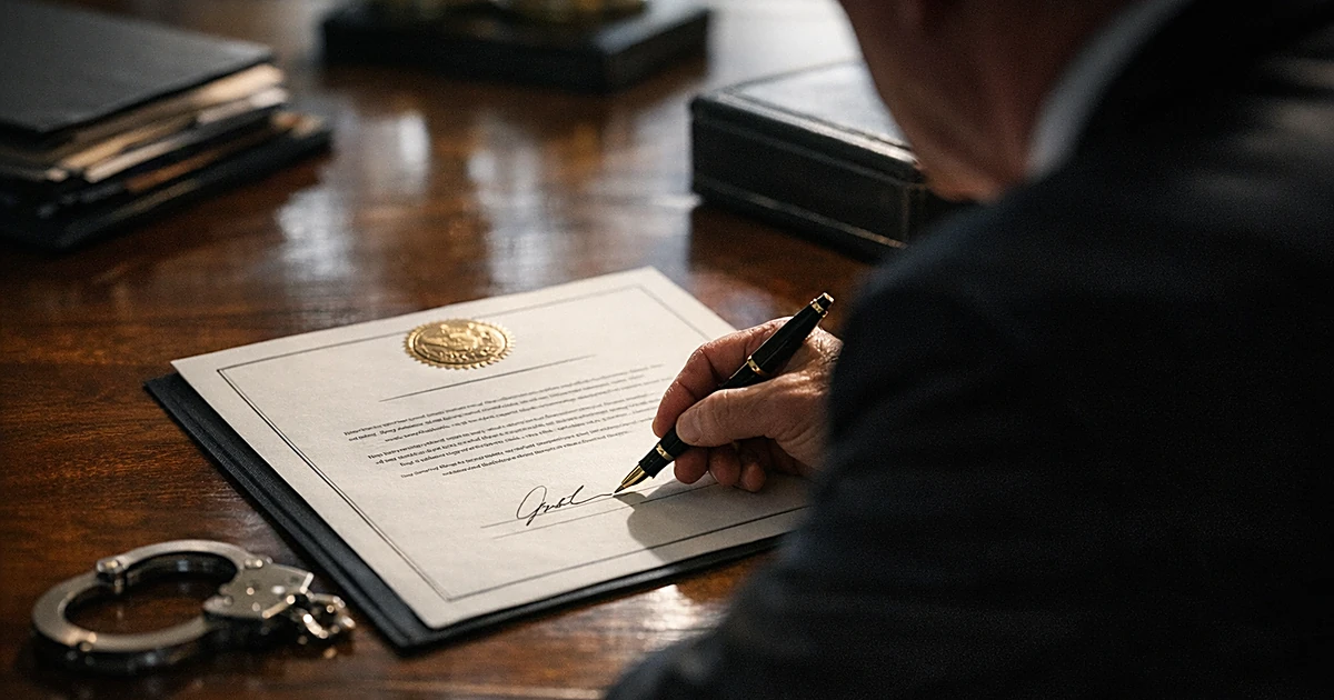 Presidential pardon document on wooden desk with fountain pen in warm afternoon light