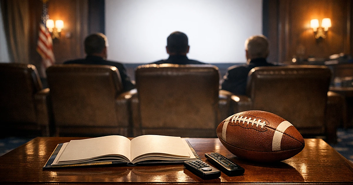 Empty White House screening room with leather chairs facing blank screen and football on table in foreground