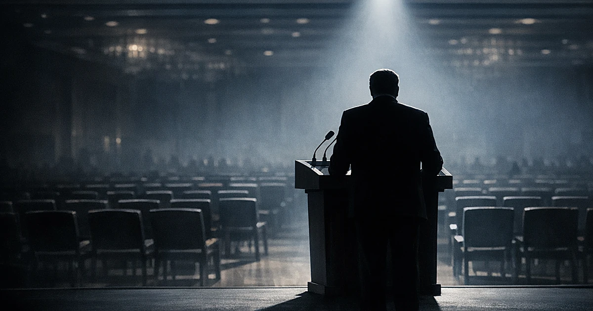 Silhouetted figure at podium addressing empty conference hall with dramatic overhead lighting and long shadows