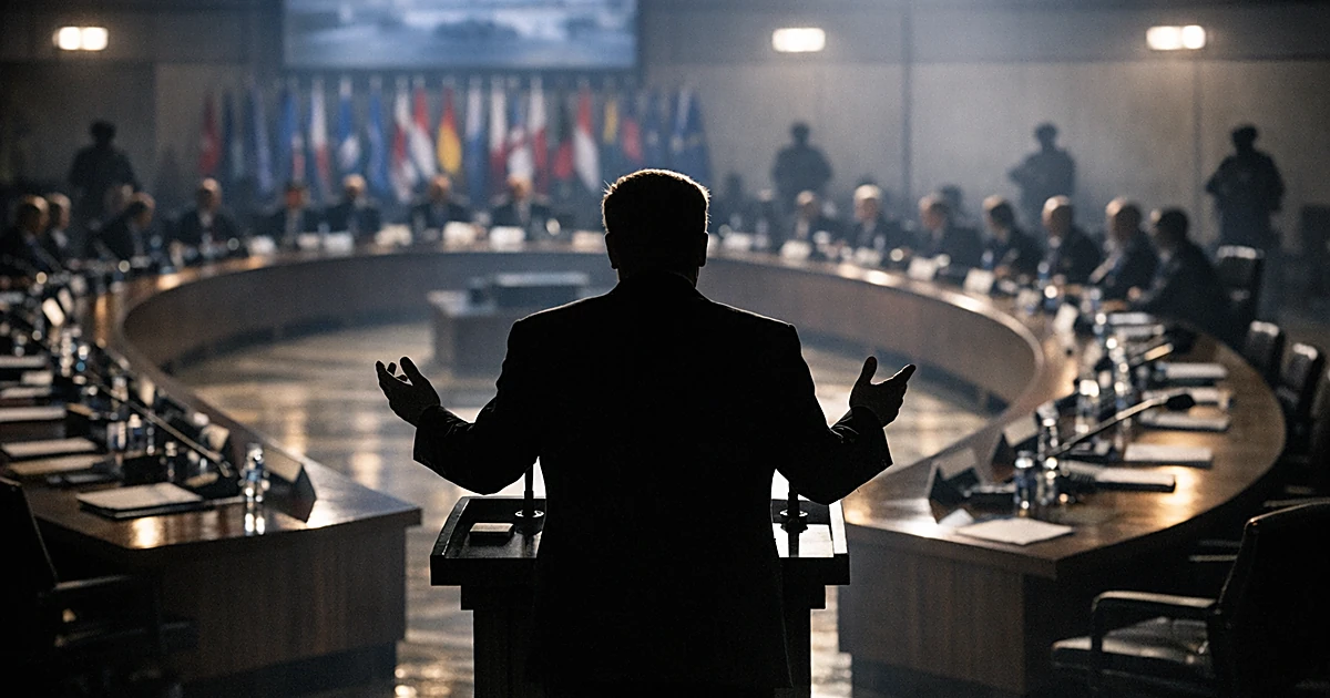 NATO summit conference hall with silhouetted speaker at podium addressing empty chairs in dramatic lighting