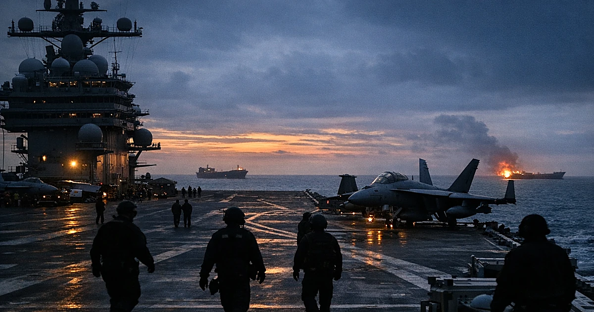 Aircraft carrier at sea with crew silhouettes on deck, oil tankers visible on distant horizon at dusk
