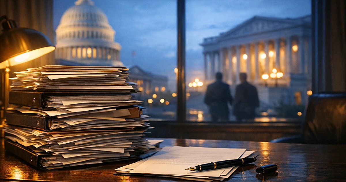 Stack of unsigned legislative documents on desk with Capitol building silhouette visible through windows at dusk