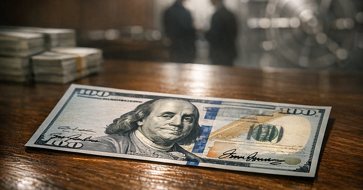 Close-up of a one hundred dollar bill on dark wooden surface showing signature area and Benjamin Franklin portrait