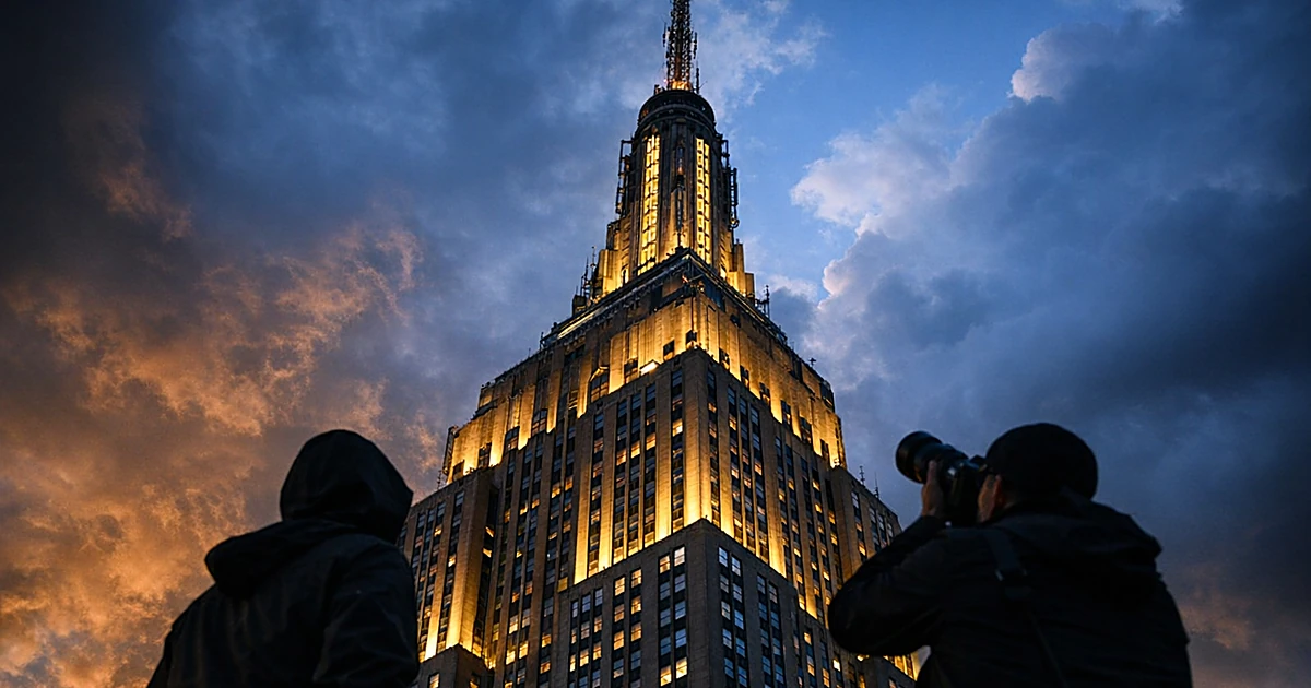 Empire State Building spire and antenna tower photographed from street level against dramatic dusk sky