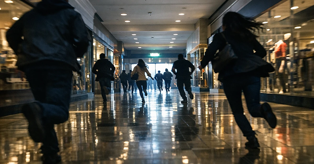 Silhouetted shoppers fleeing through illuminated shopping mall corridor with storefronts on both sides