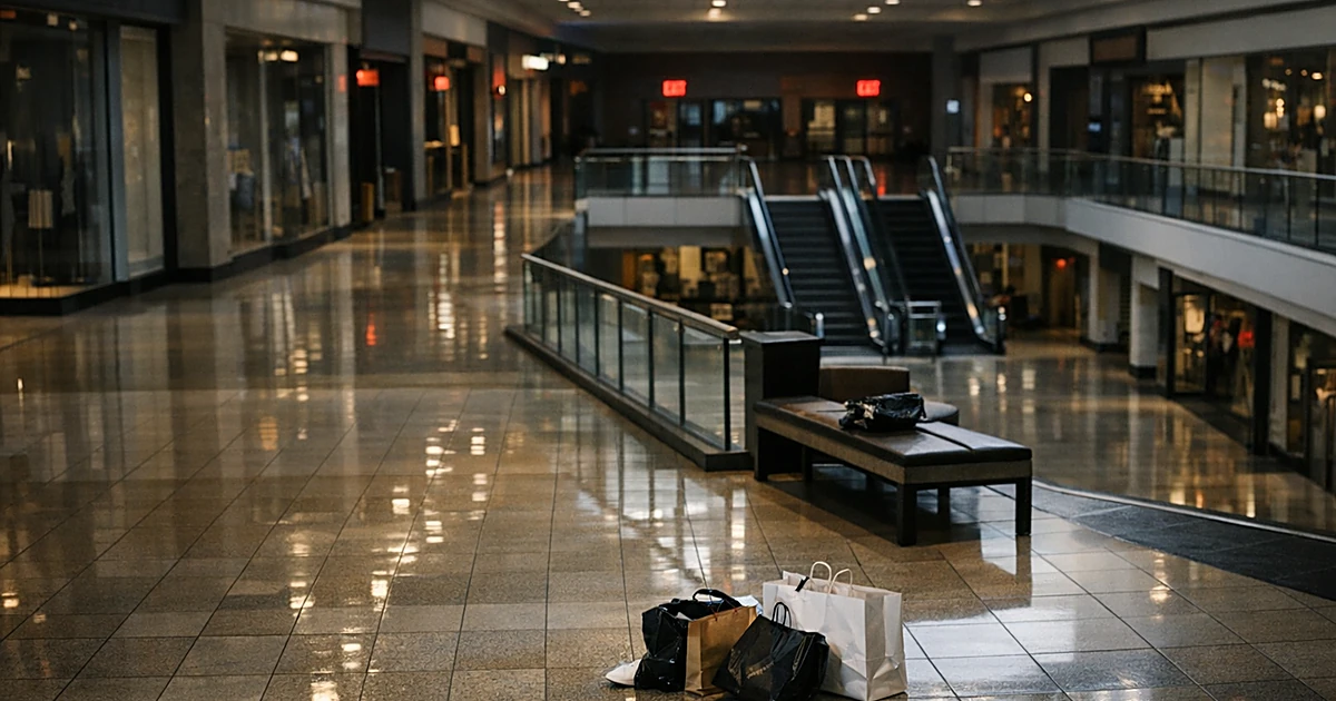 Empty shopping mall corridor with abandoned bags on polished floor and dark storefronts