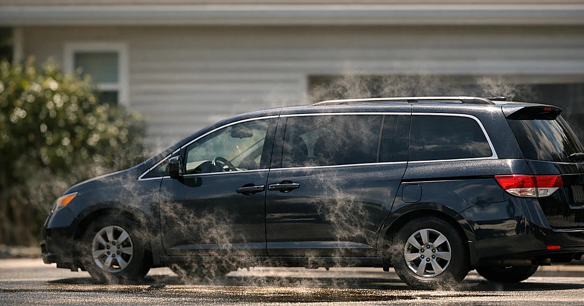 Minivan parked on residential driveway in intense midday heat with visible heat distortion rising from pavement