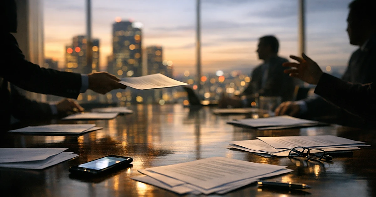 Corporate boardroom table with documents and silhouetted hands in negotiation during business acquisition meeting
