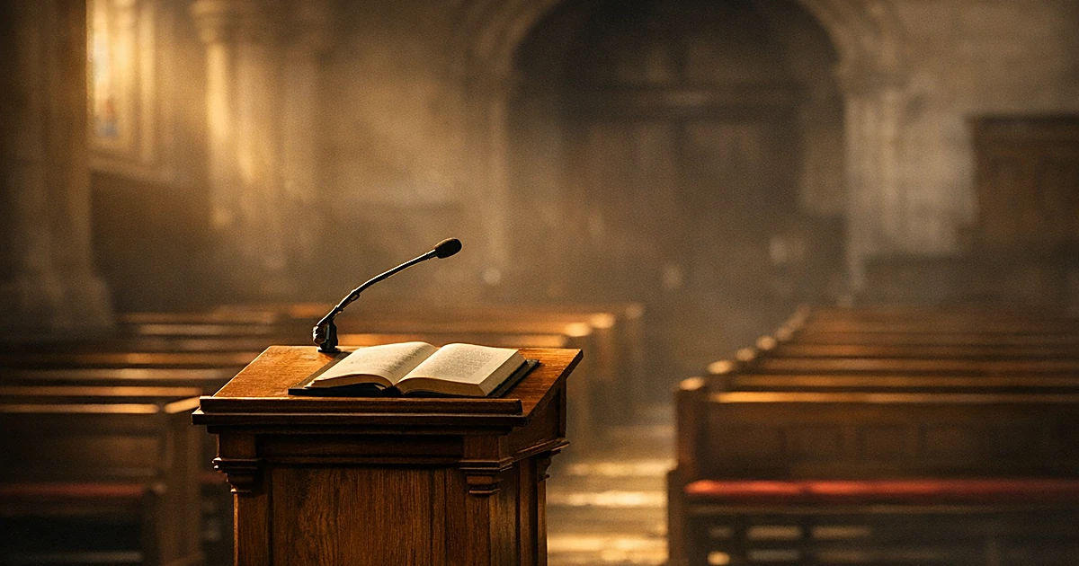 Empty church pulpit in dramatic side-lighting inside chapel with blurred pews in background