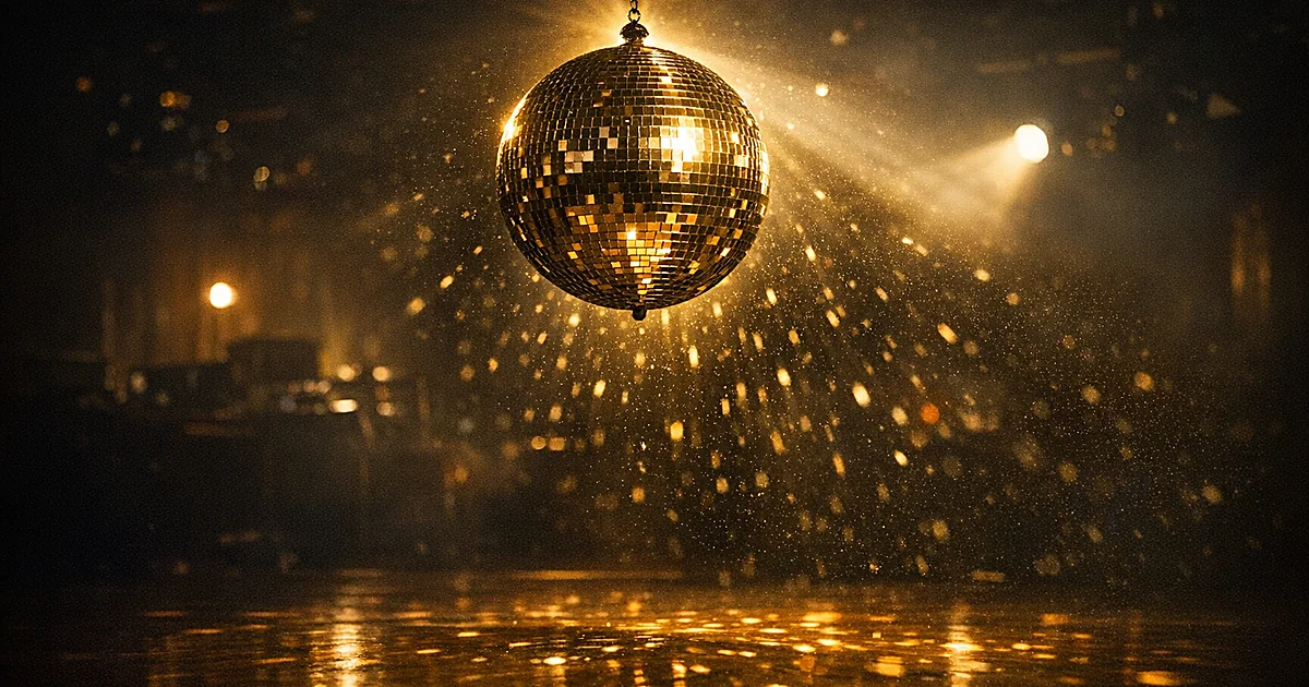 Illuminated disco ball casting reflections on empty dance floor in darkness
