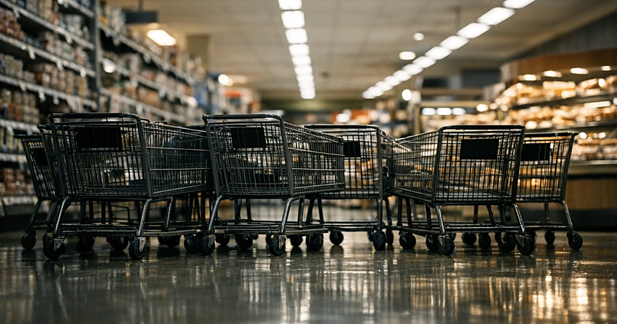 Shopping carts arranged as barrier in empty supermarket bakery aisle under fluorescent lights
