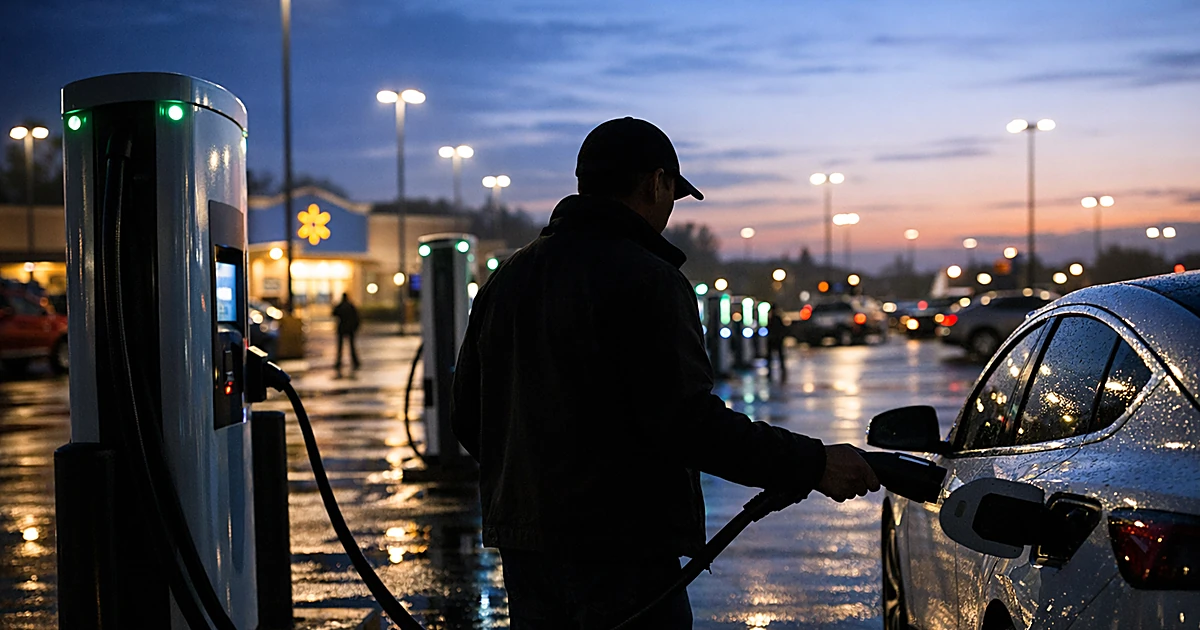 Electric vehicle charging station in retail parking lot at dusk with silhouetted person connecting charging cable