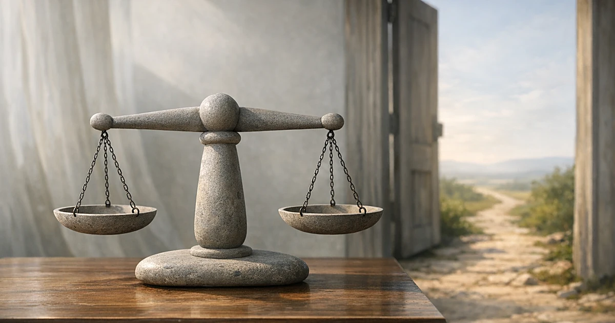 Stone balance scales on wooden surface with soft window light and open doorway in background