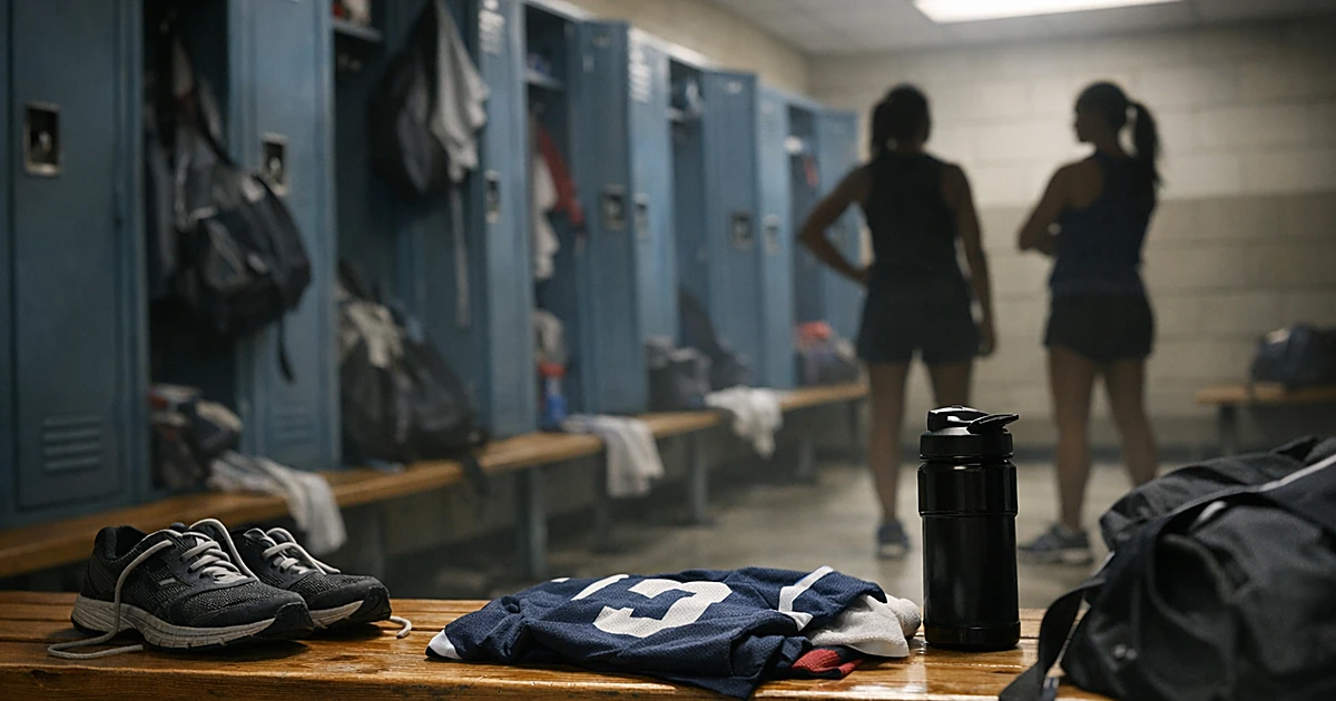 Empty high school girls locker room with athletic gear on wooden bench and open metal lockers along wall