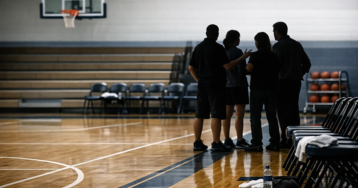 Empty high school basketball court with silhouetted figures in discussion near the bench area