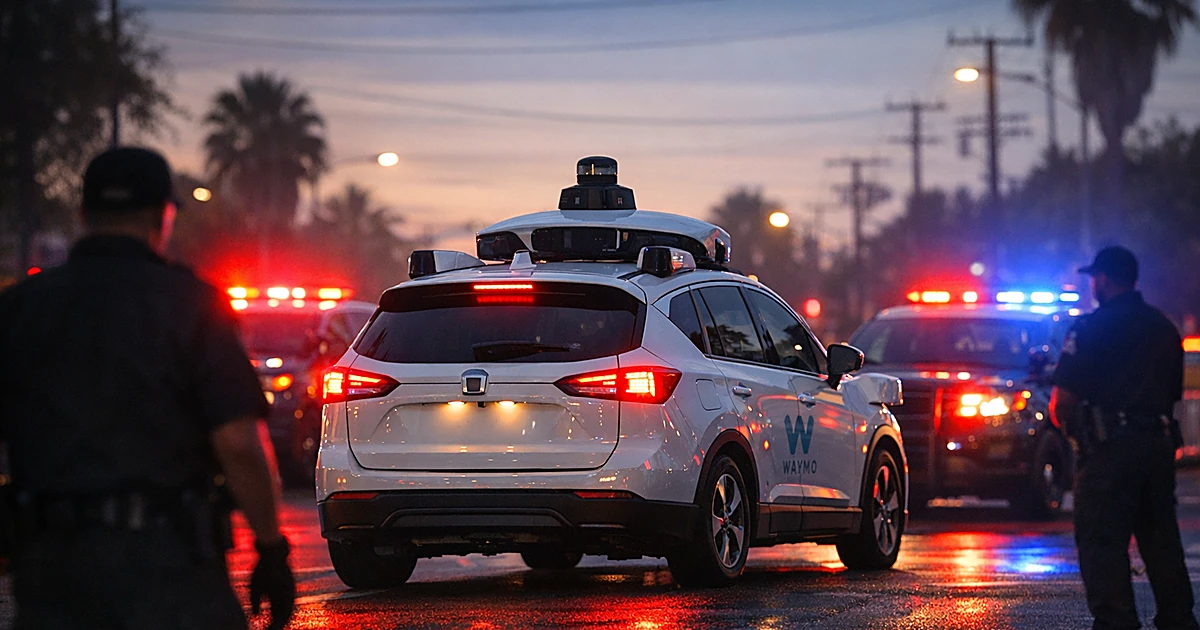 Waymo self-driving car stopped by police with emergency lights flashing on suburban street at dusk