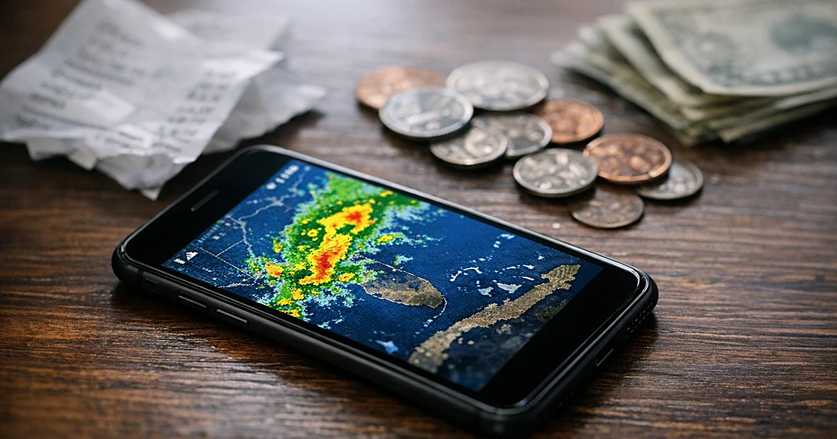 Smartphone displaying weather radar on table with coins and receipt in background