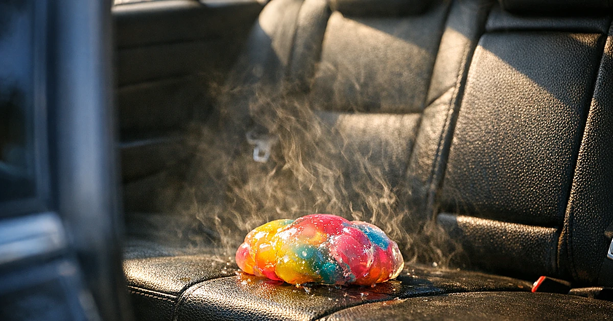 Gel-filled squishy toy distorted by heat on car back seat in intense sunlight
