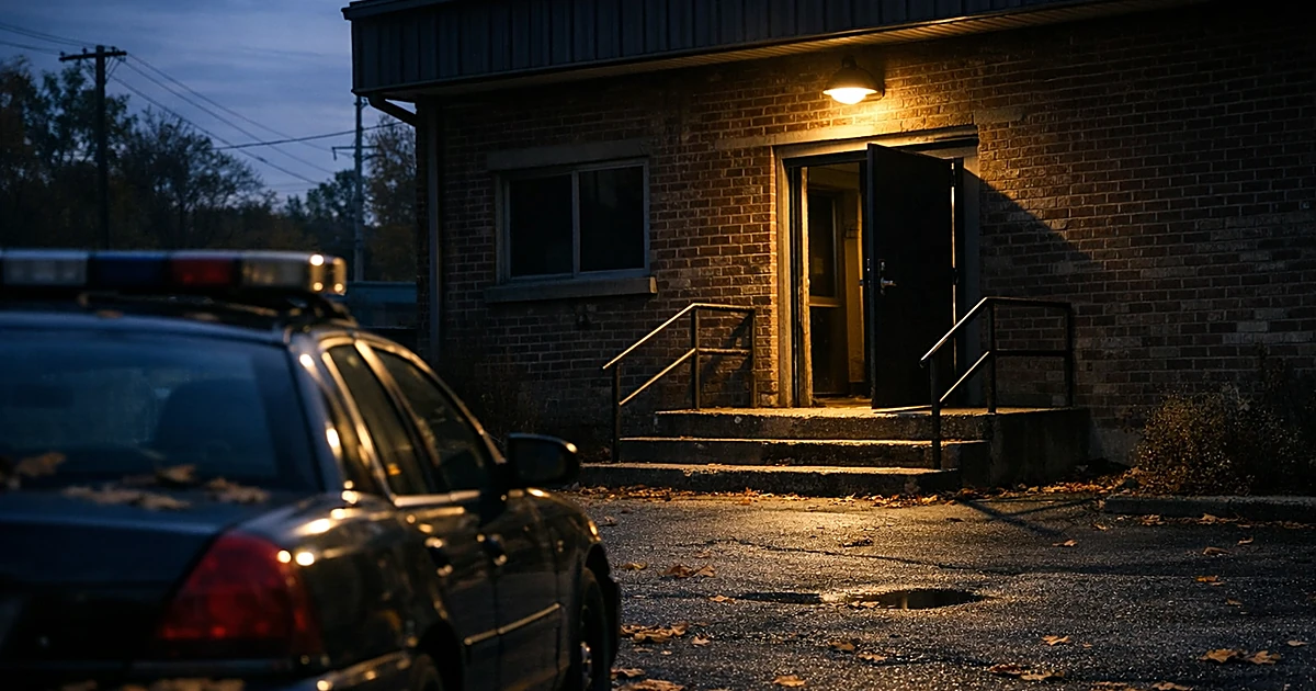 Empty small-town police station at dusk with abandoned patrol car and darkened entrance