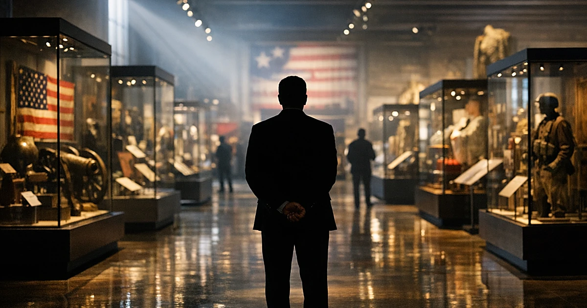 Silhouetted figure viewing museum exhibition hall with glass display cases and dramatic window lighting