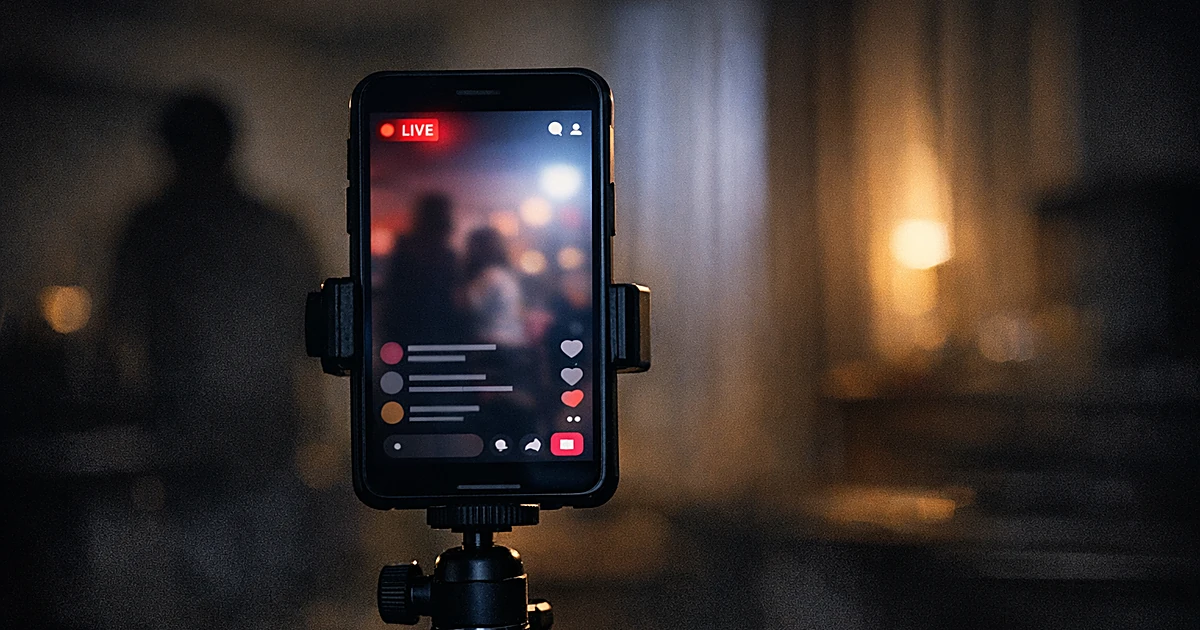 Smartphone on tripod with glowing livestream interface in dark room with dramatic lighting