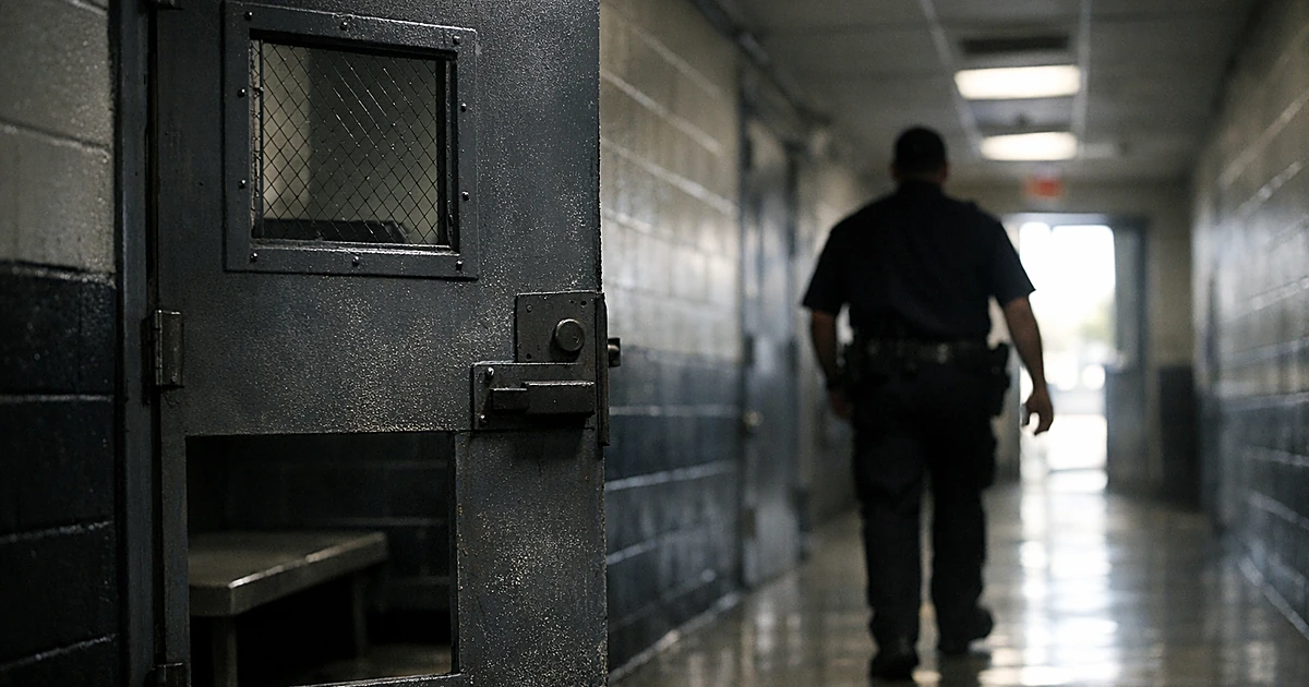 Empty courthouse holding cell with open door and silhouetted bailiff walking toward exit in fluorescent-lit corridor