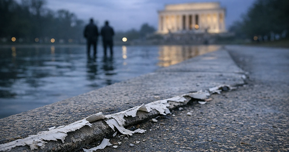 Damaged sealant peeling from concrete edge of reflecting pool at dusk with dark water beyond