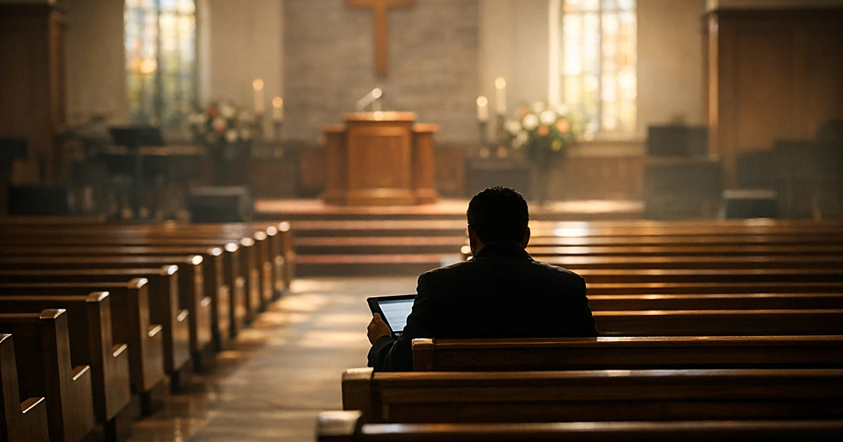 Silhouetted figure sits alone in fourth row of church pews holding tablet, empty podium visible in distance