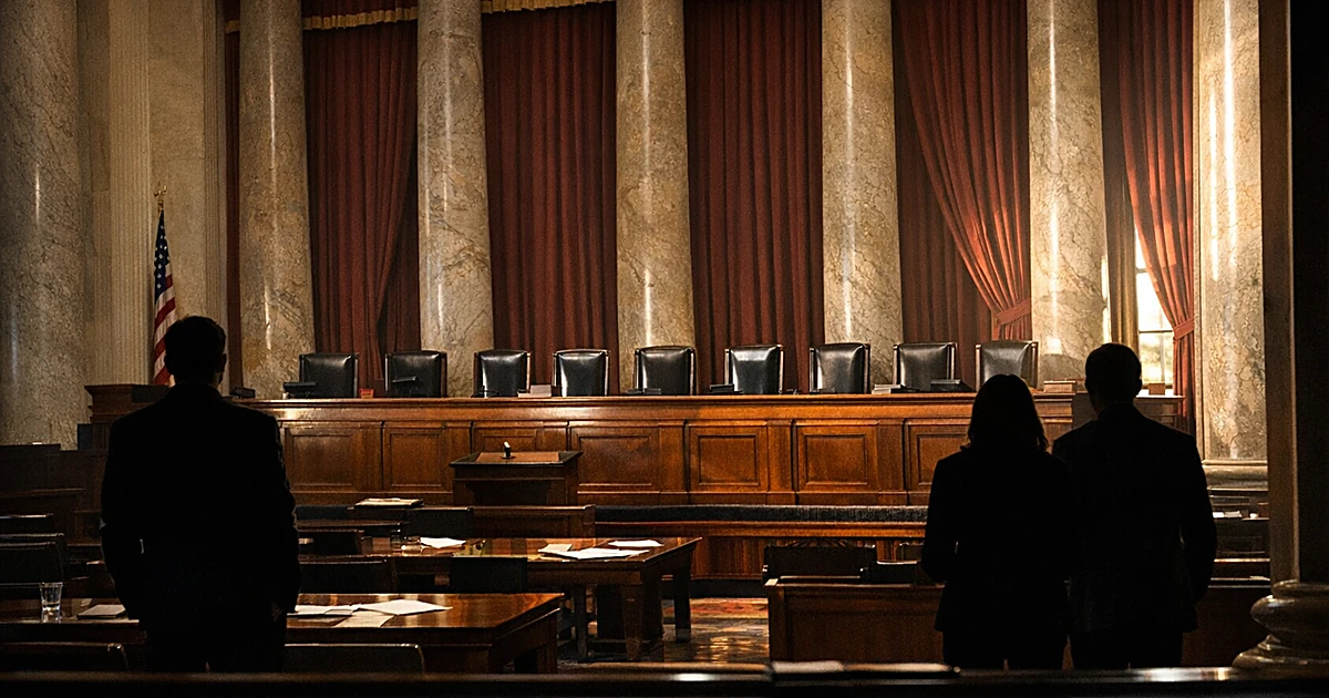 Empty Supreme Court bench with nine chairs viewed from gallery, silhouetted visitors in foreground