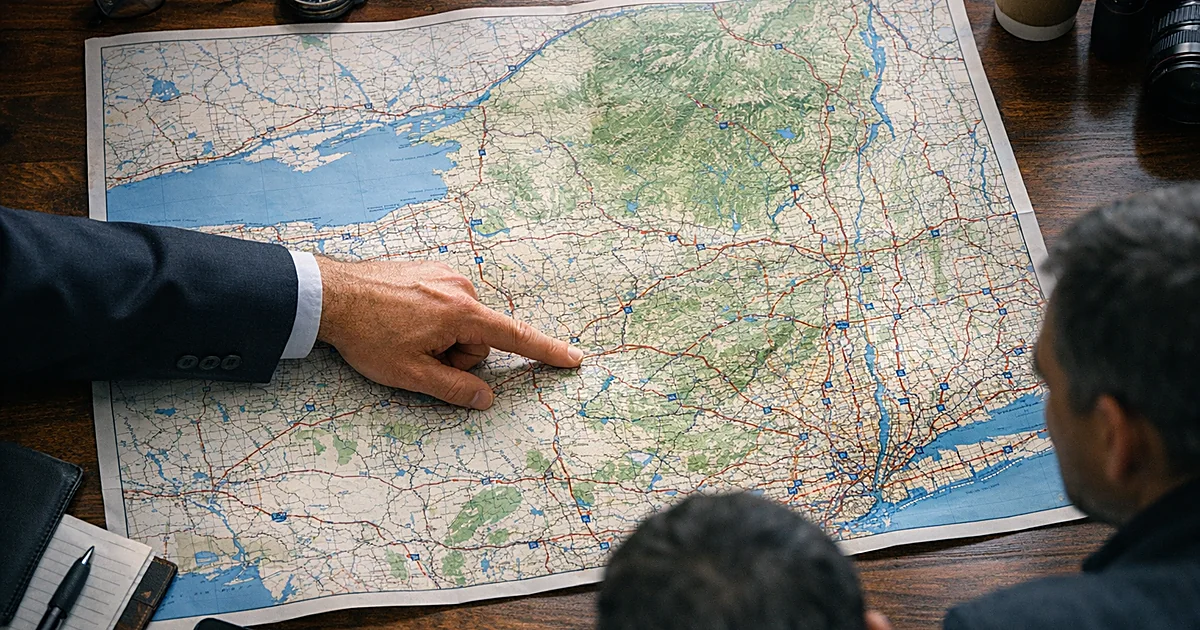 Hand pointing to location on New York State map spread on table, debating upstate boundary