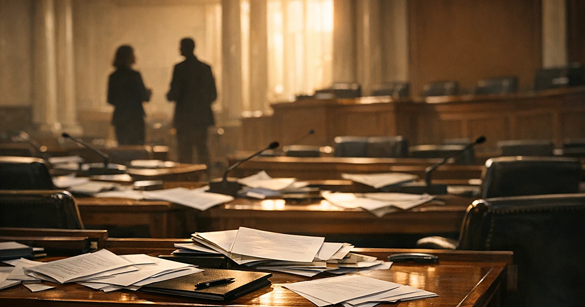 Empty legislative chamber with scattered papers on desks and silhouetted figures in background